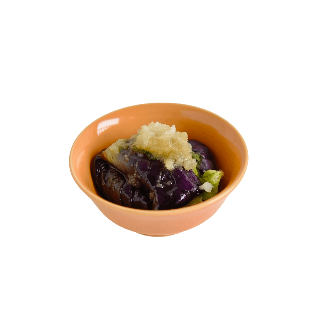 波佐見焼の小付(忘草色)にナスを載せて