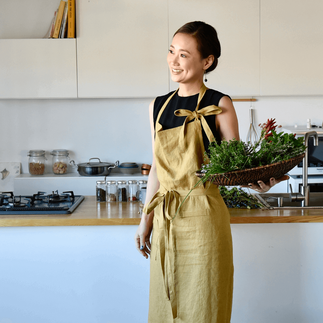 国産リネンのエプロン(マスタードBタイプ)